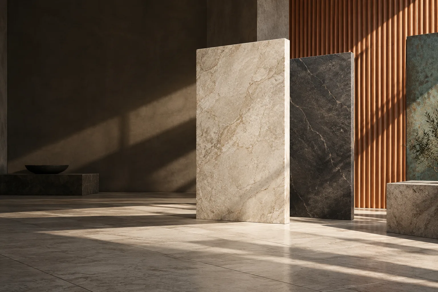 Conceptual stone slabs, architectural tiles and coated surfaces